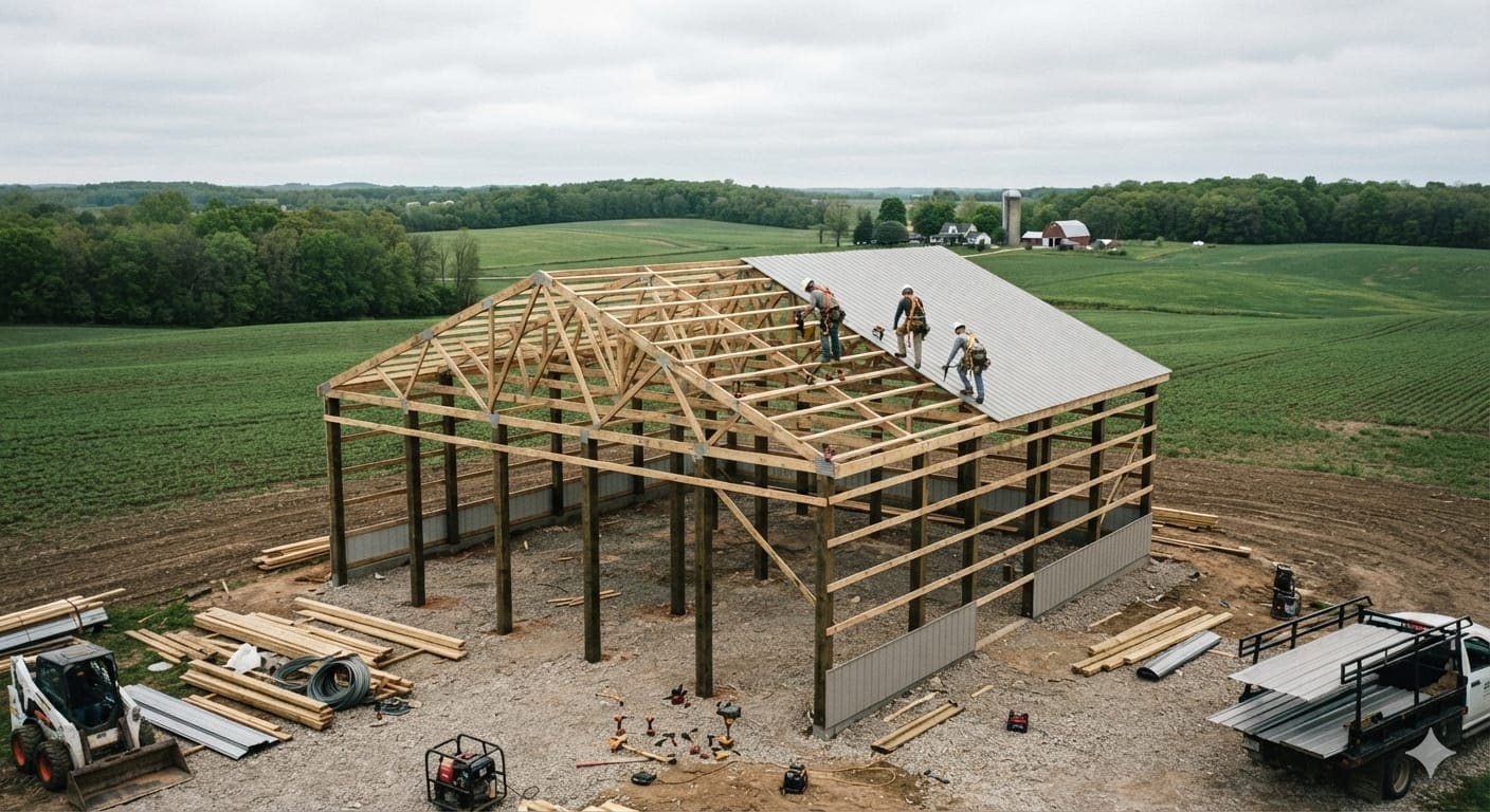 Custom red pole barn construction