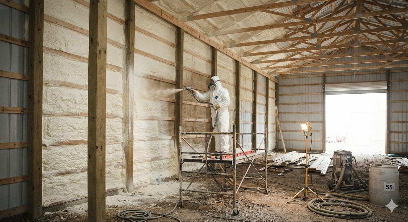 Agricultural pole barn with white exterior